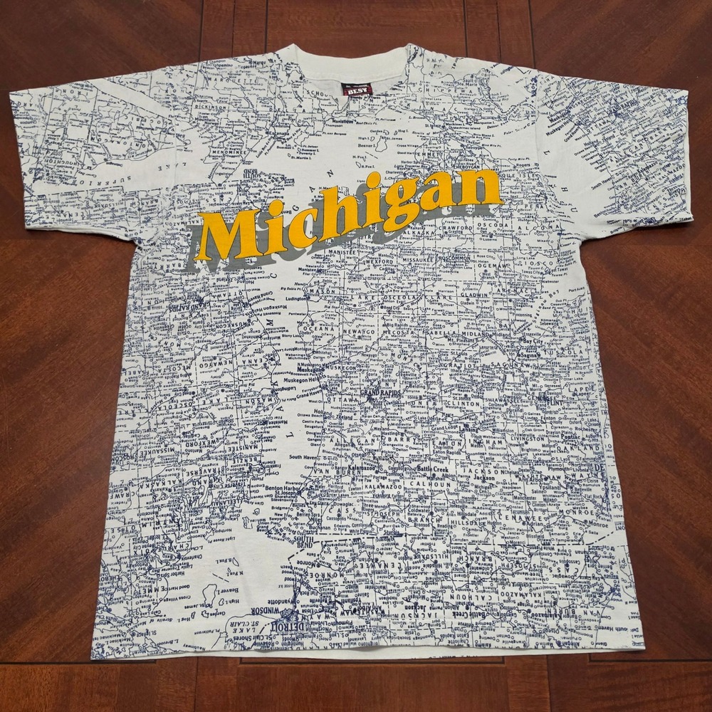 Best Fruit of the Loom T-Shirt Men M White Michigan All Over Print Map Vintage